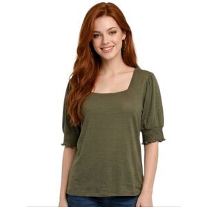 Nine West Army Green Textured Square Neck Elbow Sleeve Stretch Knit Blou…